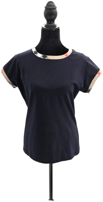 Burberry London Black Check Trim Short Sleeve Stretch Cotton Top Women's Large0