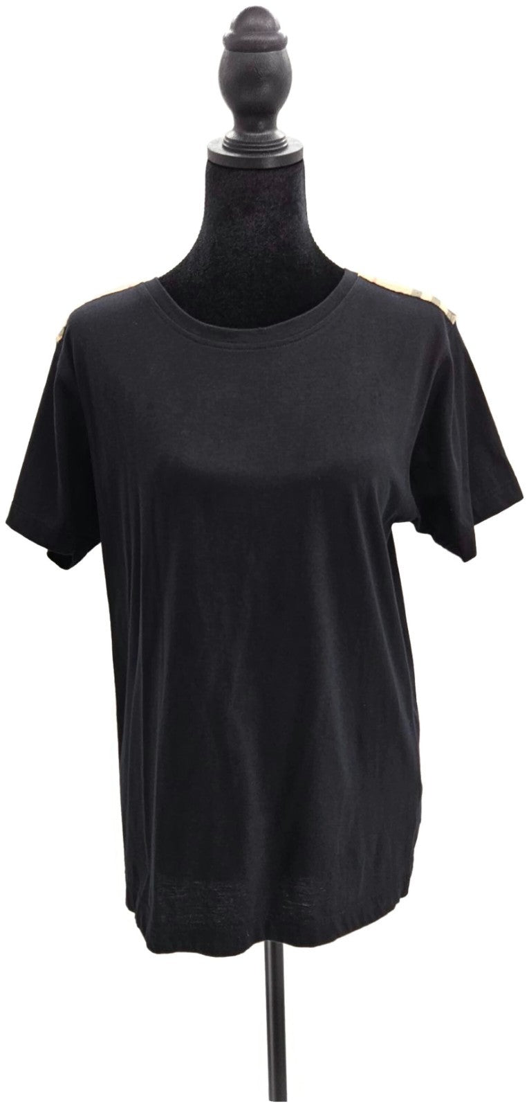 Burberry London Black Check Shoulder Trim Cotton T Shirt Women's Small NWT0