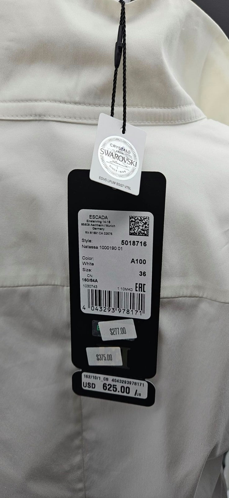 Escada Natassa Off White Swarovski Button Up Blouse French Cuff Size 36 NWT10