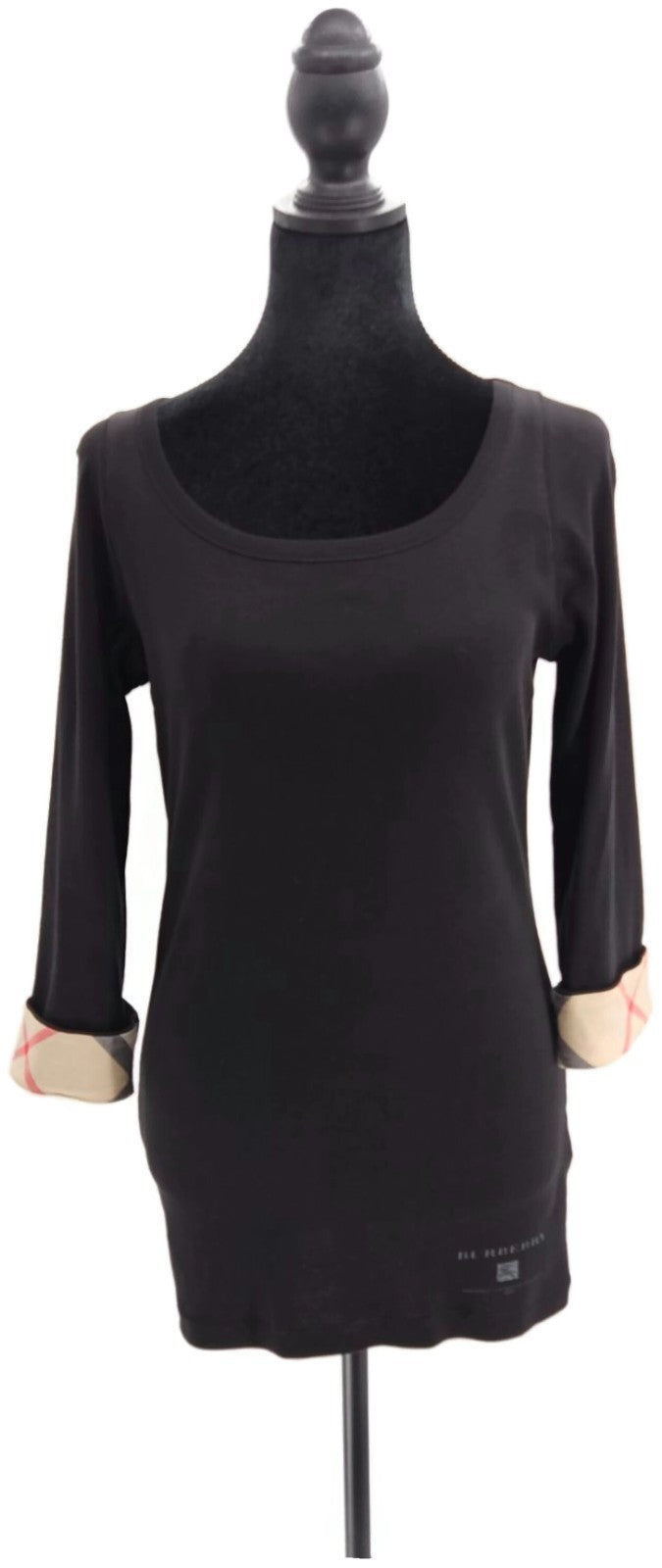 Burberry Brit Nova Check Cuffs Scoop Neck Top Black 3/4 Sleeve Women Size Medium0
