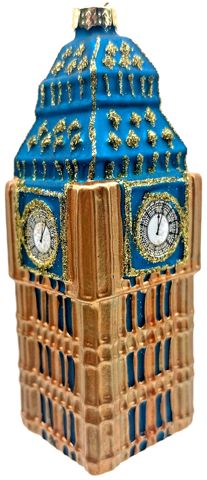 London Big Ben Clock Tower Blue Gold Glass Christmas Ornament England UK1