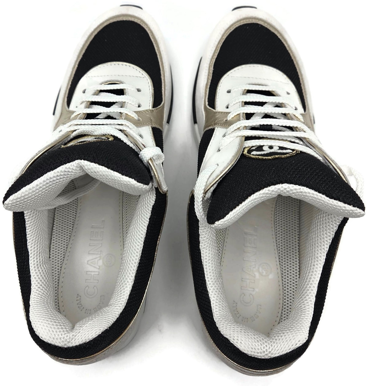 Chanel CC Low Yop Sneakers Size 40 Black White Gold Leather Tennis Shoes Rare5