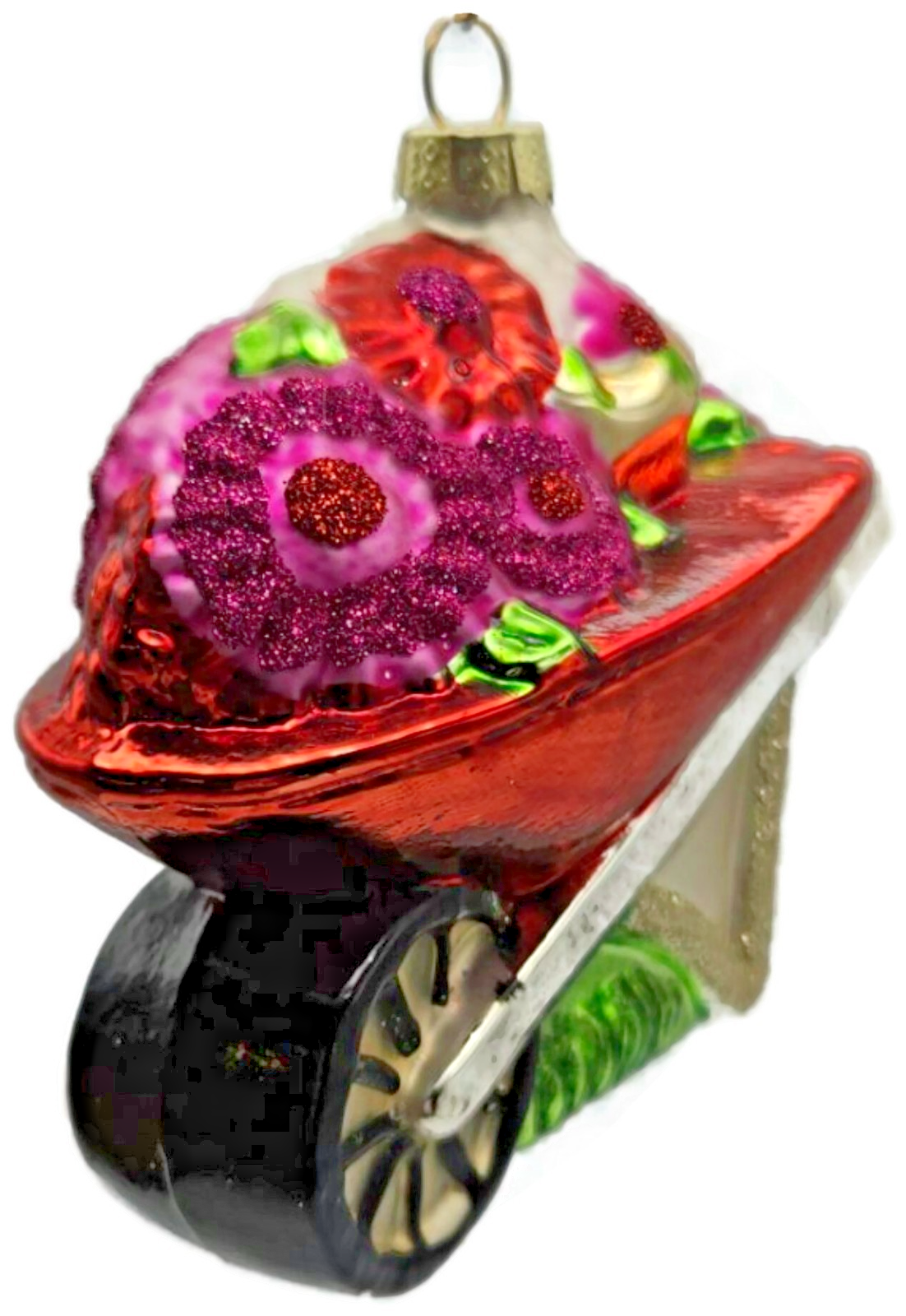 Floral Wheelbarrow Garden Flowers Blown Glass Christmas Holiday Tree Ornament0