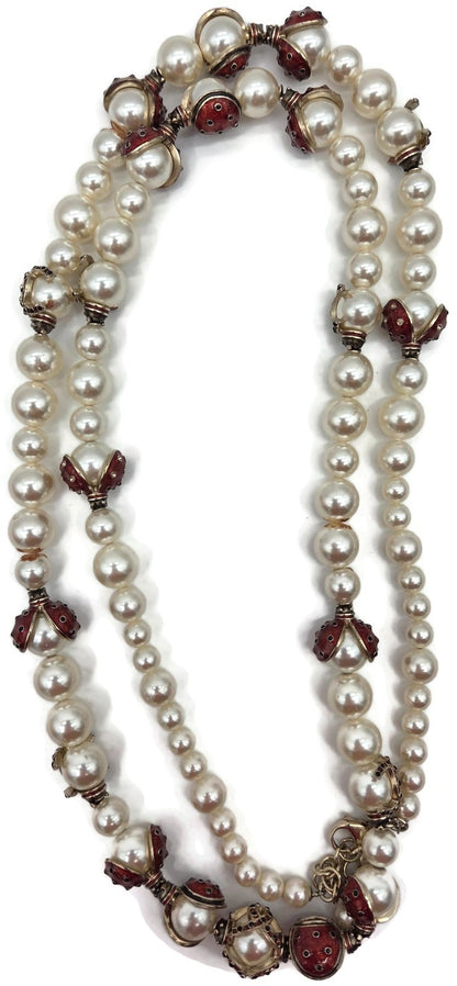Chanel 18P Ladybug Faux Pearl Red Enamel Crystal Necklace Gold Tone Box Pouch5