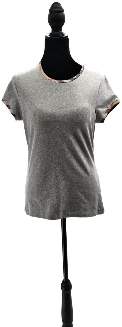 Burberry London Pale Grey Nova Check Trim Short Sleeve T Shirt Womens Medium NWT0