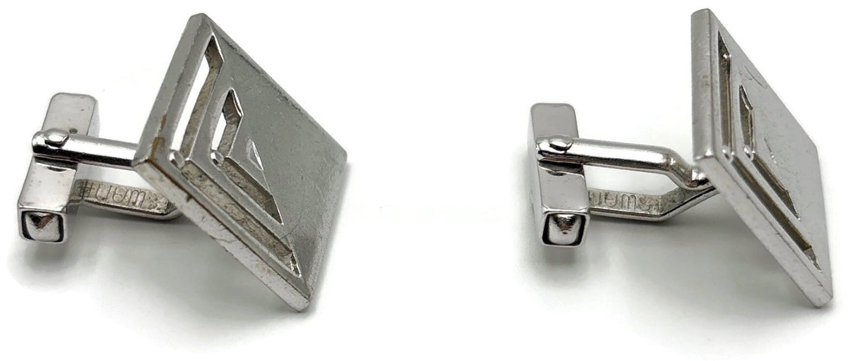 Swank Signed Men's Cuff Links Set Silver Tone Square Modernist Geometric Cutout8
