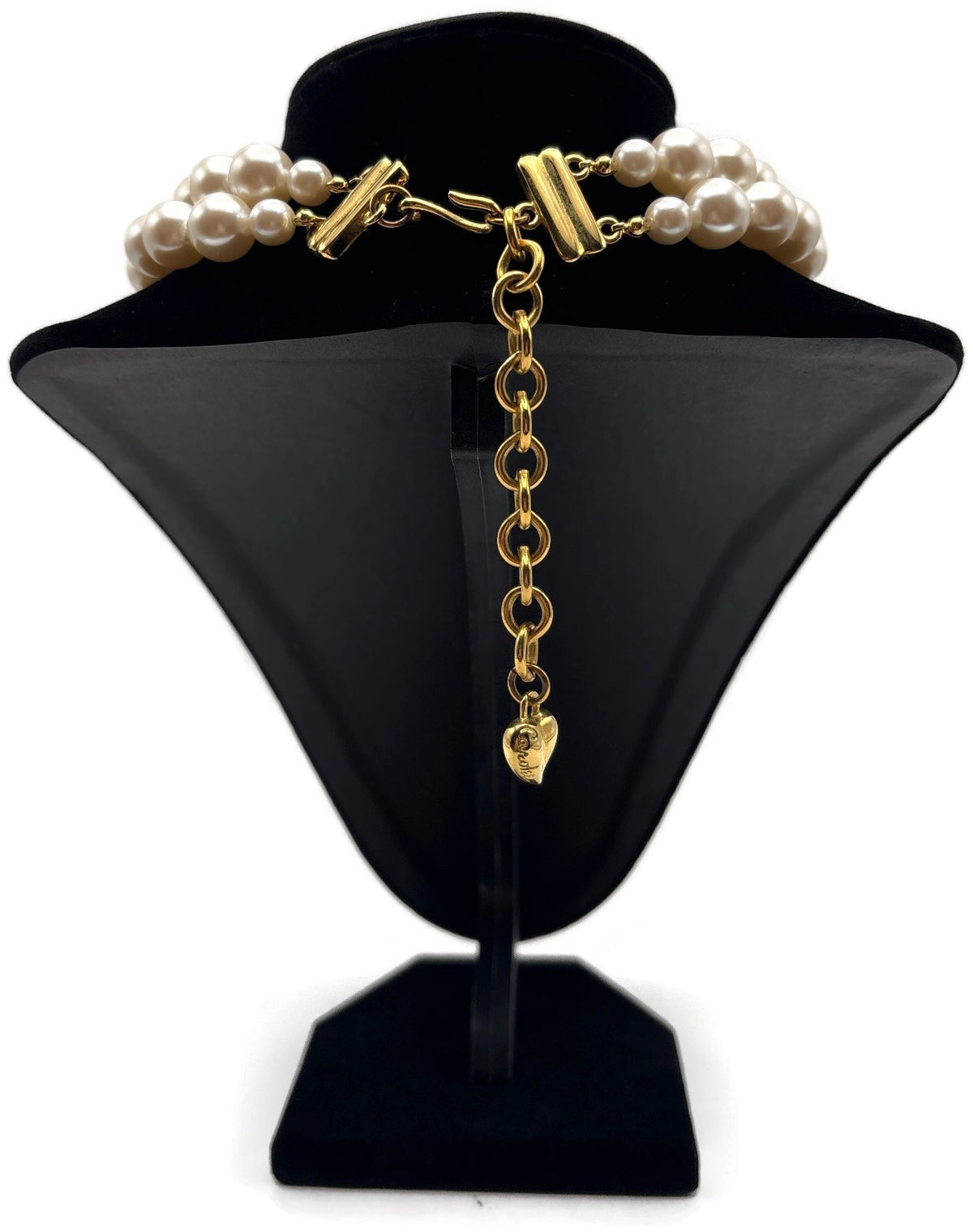 Carolee Signed Double Strand Faux Pearl Choker Necklace Gold Tone Heart Charm5
