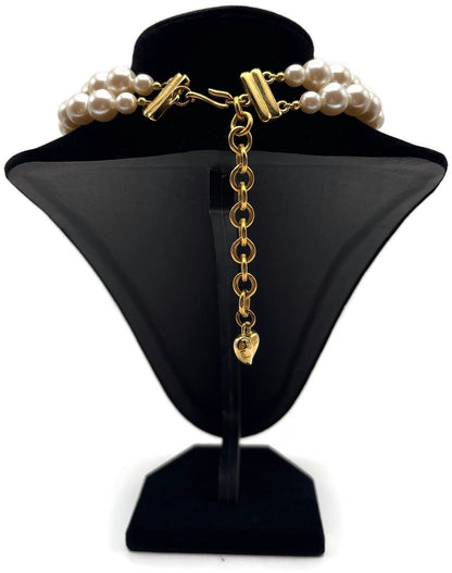 Carolee Signed Double Strand Faux Pearl Choker Necklace Gold Tone Heart Charm5