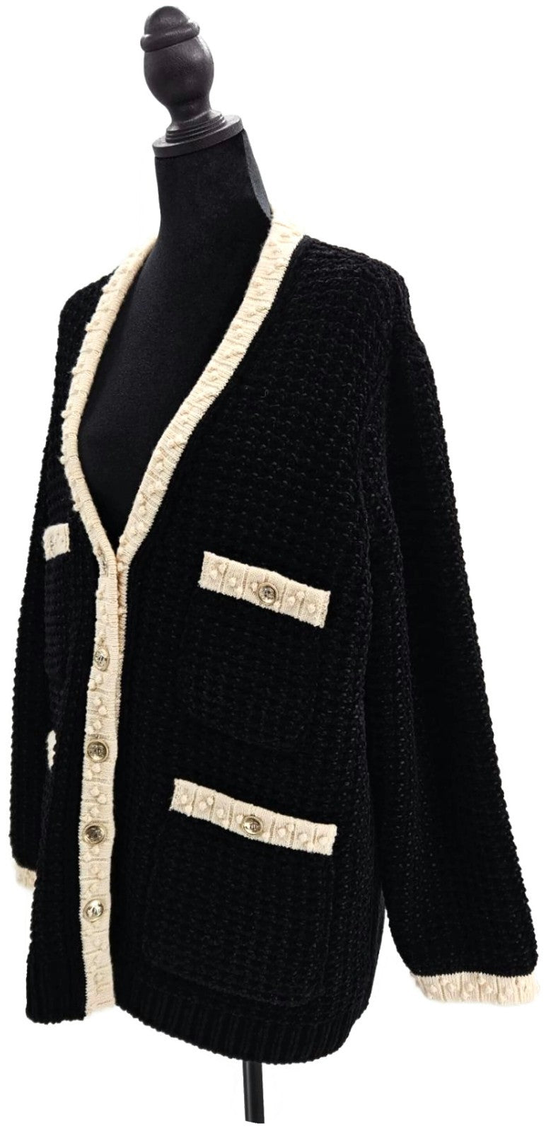 CHANEL Black White Wool Blend CC Button Cardigan Size 441