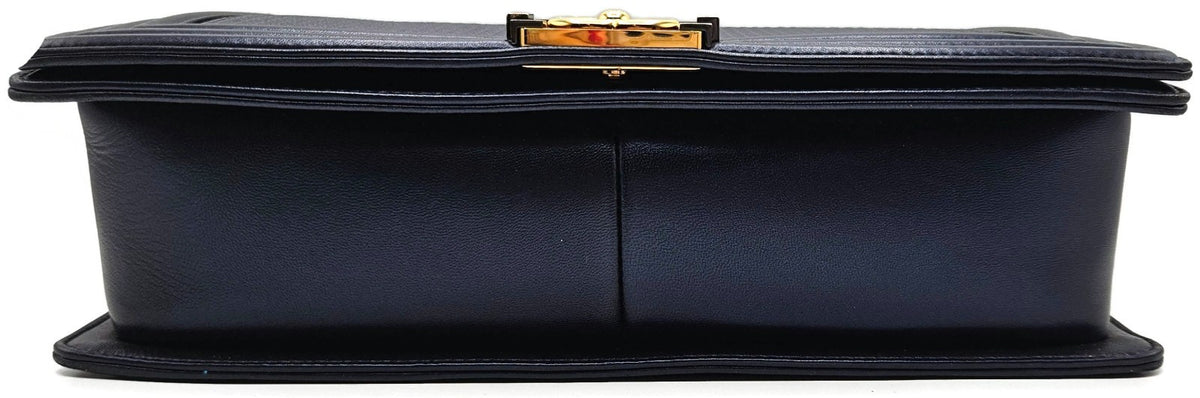CHANEL Large Boy Flap Bag Navy Blue Calfskin Leather Gold Hardware Shoulder Bag6