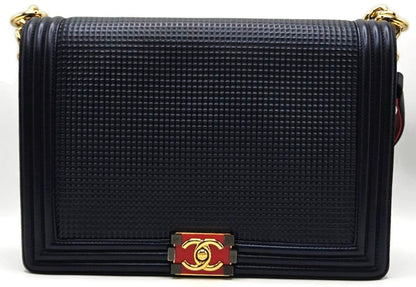 CHANEL Large Boy Flap Bag Navy Blue Calfskin Leather Gold Hardware Shoulder Bag4