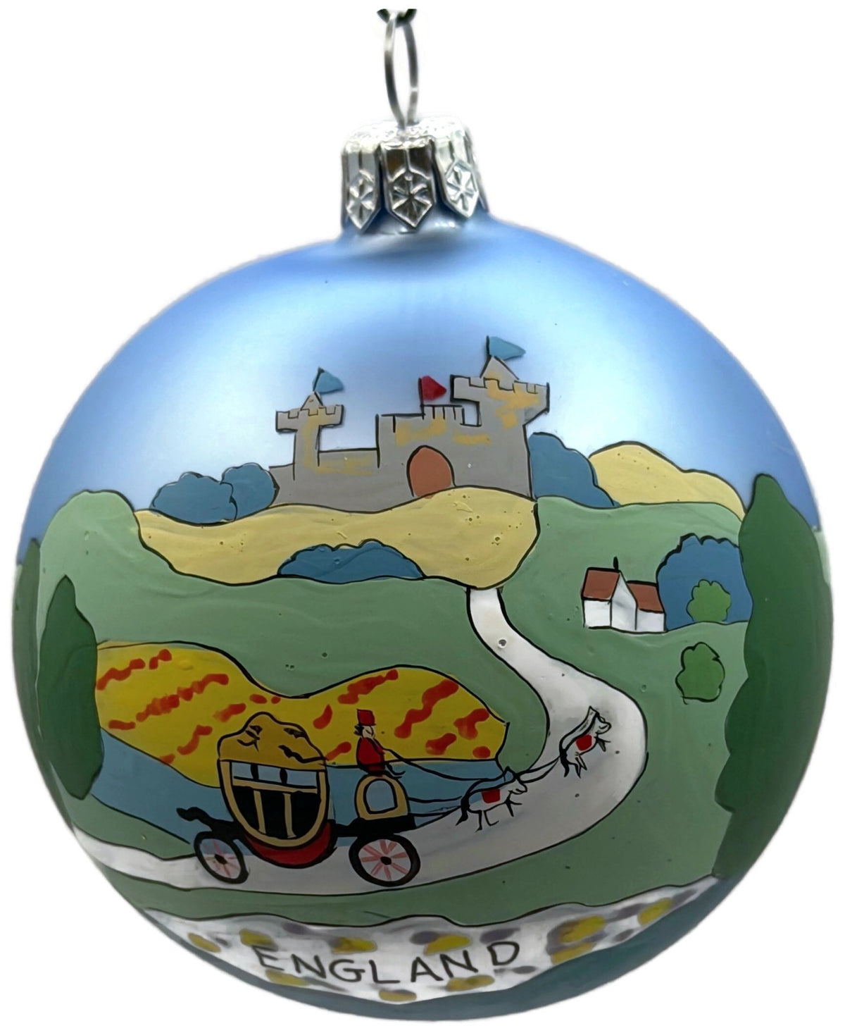England Castle Horse Carriage Blue Hand Painted Glass Christmas Ornament0