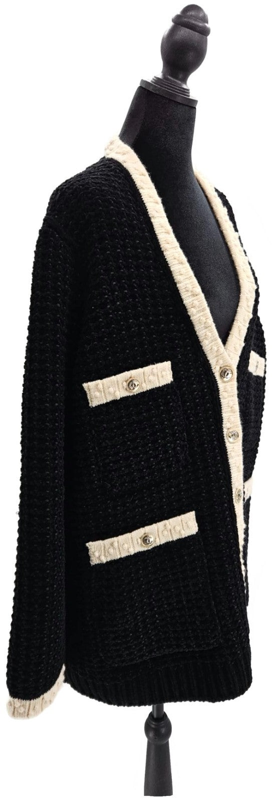 CHANEL Black White Wool Blend CC Button Cardigan Size 447