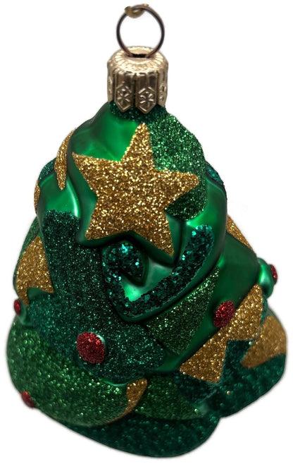 Patricia Breen Cubist Tree Green Red Gold Star Glittered Christmas Ornament 99088