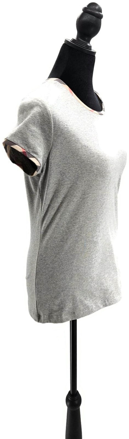 Burberry London Pale Grey Nova Check Trim Short Sleeve T Shirt Womens Medium NWT3