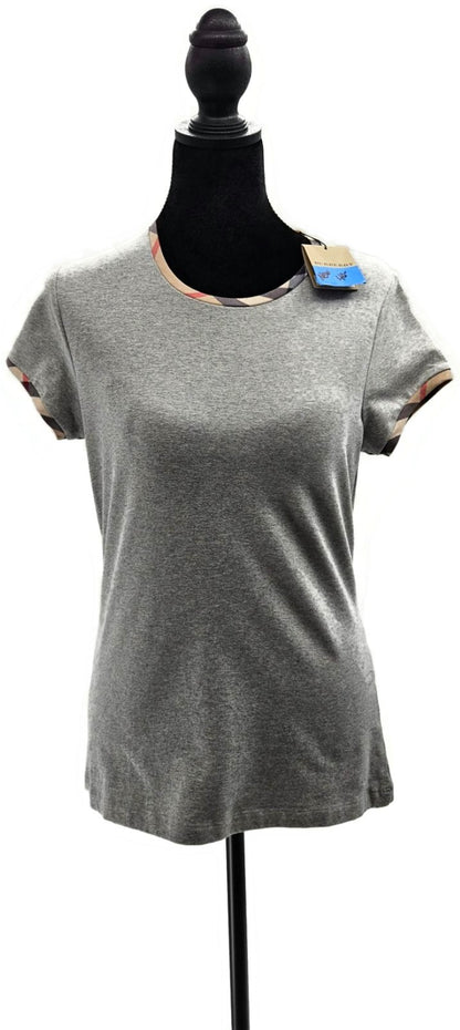 Burberry London Pale Grey Nova Check Trim Short Sleeve T Shirt Womens Medium NWT1