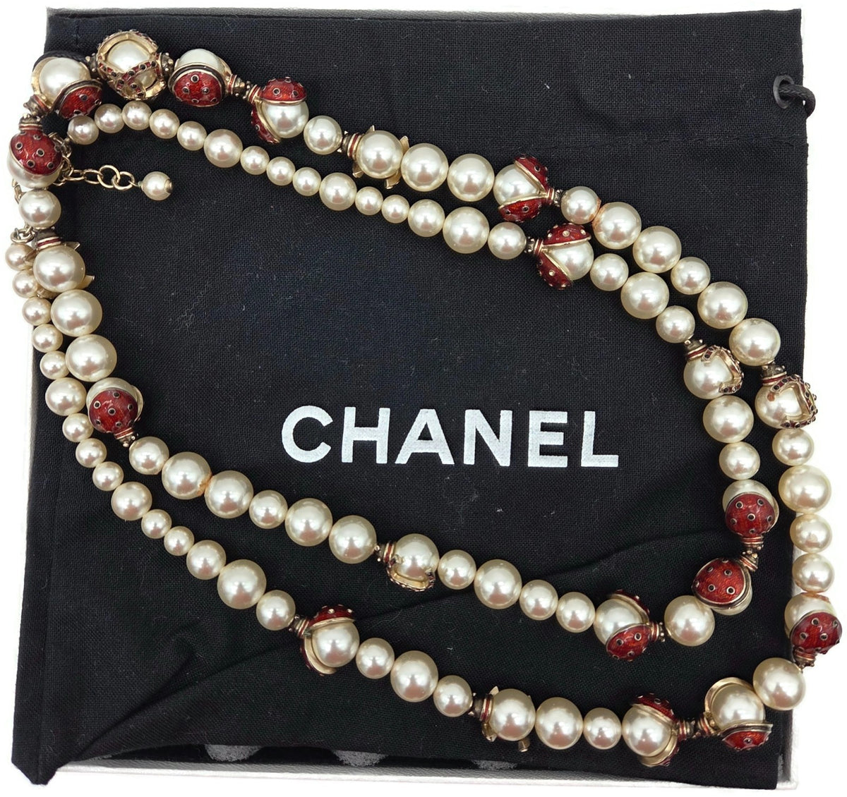 Chanel 18P Ladybug Faux Pearl Red Enamel Crystal Necklace Gold Tone Box Pouch1