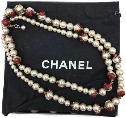 Chanel 18P Ladybug Faux Pearl Red Enamel Crystal Necklace Gold Tone Box Pouch1