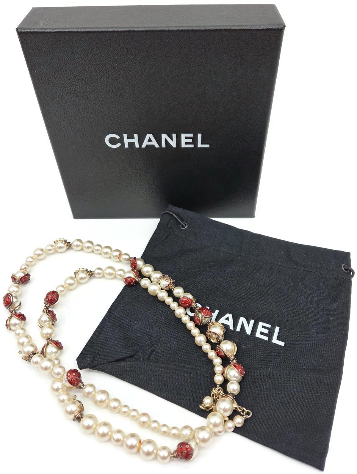 Chanel 18P Ladybug Faux Pearl Red Enamel Crystal Necklace Gold Tone Box Pouch0