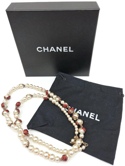 Chanel 18P Ladybug Faux Pearl Red Enamel Crystal Necklace Gold Tone Box Pouch0