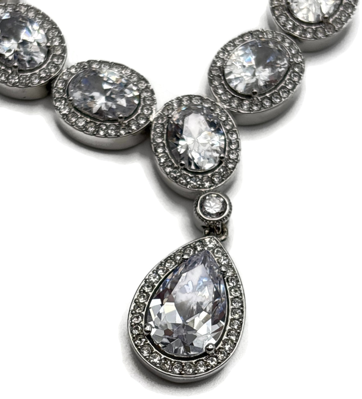 Nadri CZ Pear Drop Frontal Necklace Rhodium Halo Cubic Zirconia 16in6