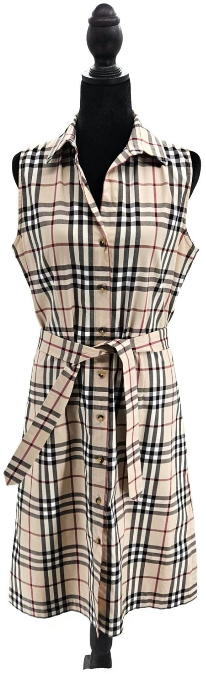 Burberry London Check  Button Up Midi Dress Beige Belted Sleeveless Women Size 80