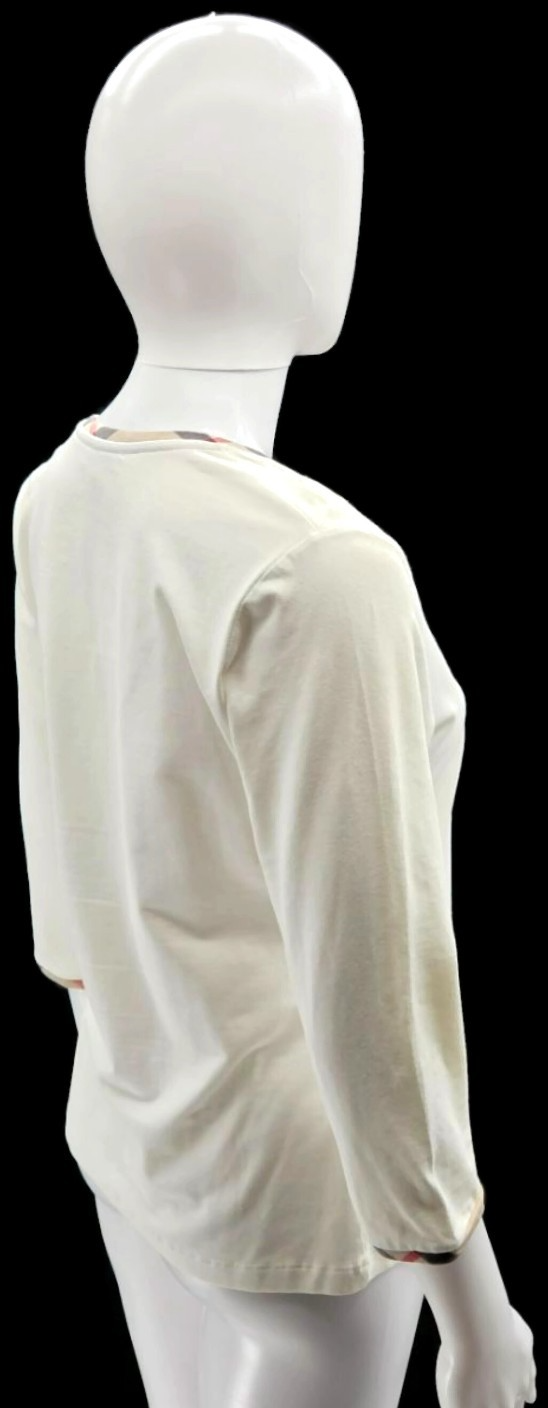 Burberry London Cream Ivory Check Trim Scoop Neck 3/4 Sleeve Top Women's Medium4
