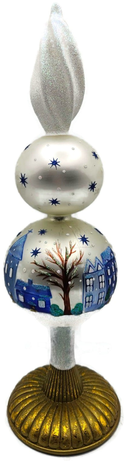 Patricia Breen Village Finial Pearl Snow Blue Stars Christmas Tree Topper 96805