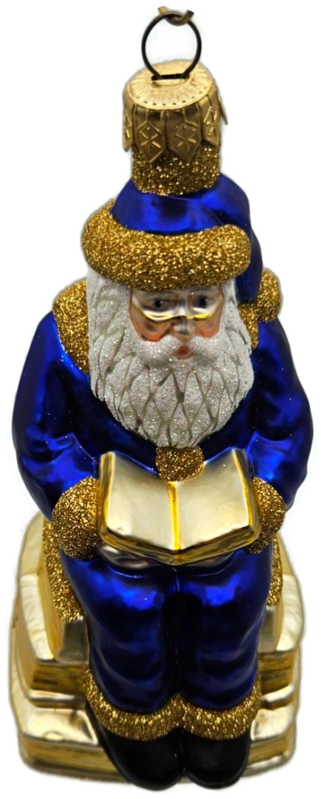 Patricia Breen Santa Reads Blue Glittered Top Of Books Christmas Ornament 99311