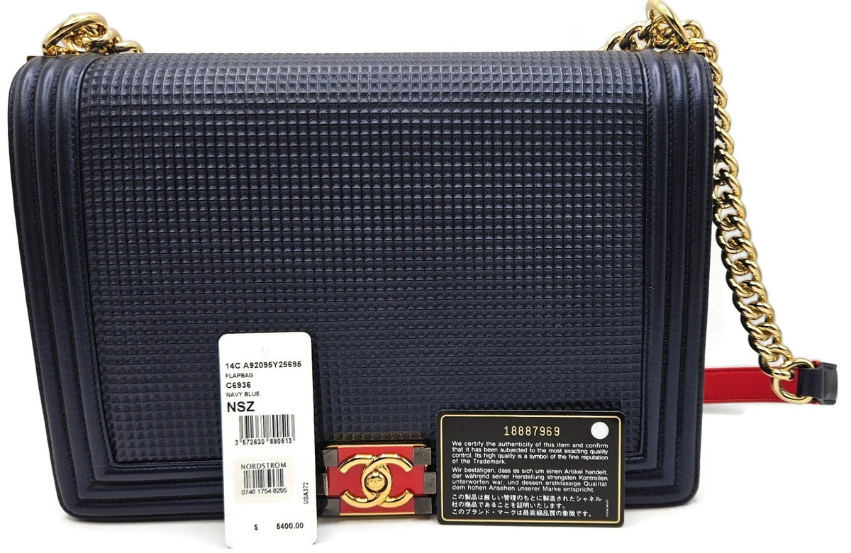 CHANEL Large Boy Flap Bag Navy Blue Calfskin Leather Gold Hardware Shoulder Bag1
