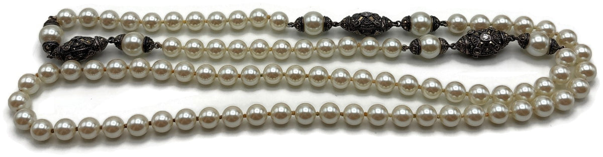 Vintage 36" Pearl Look Station Necklace Silver Tone Black Rhinestone Long Opera6