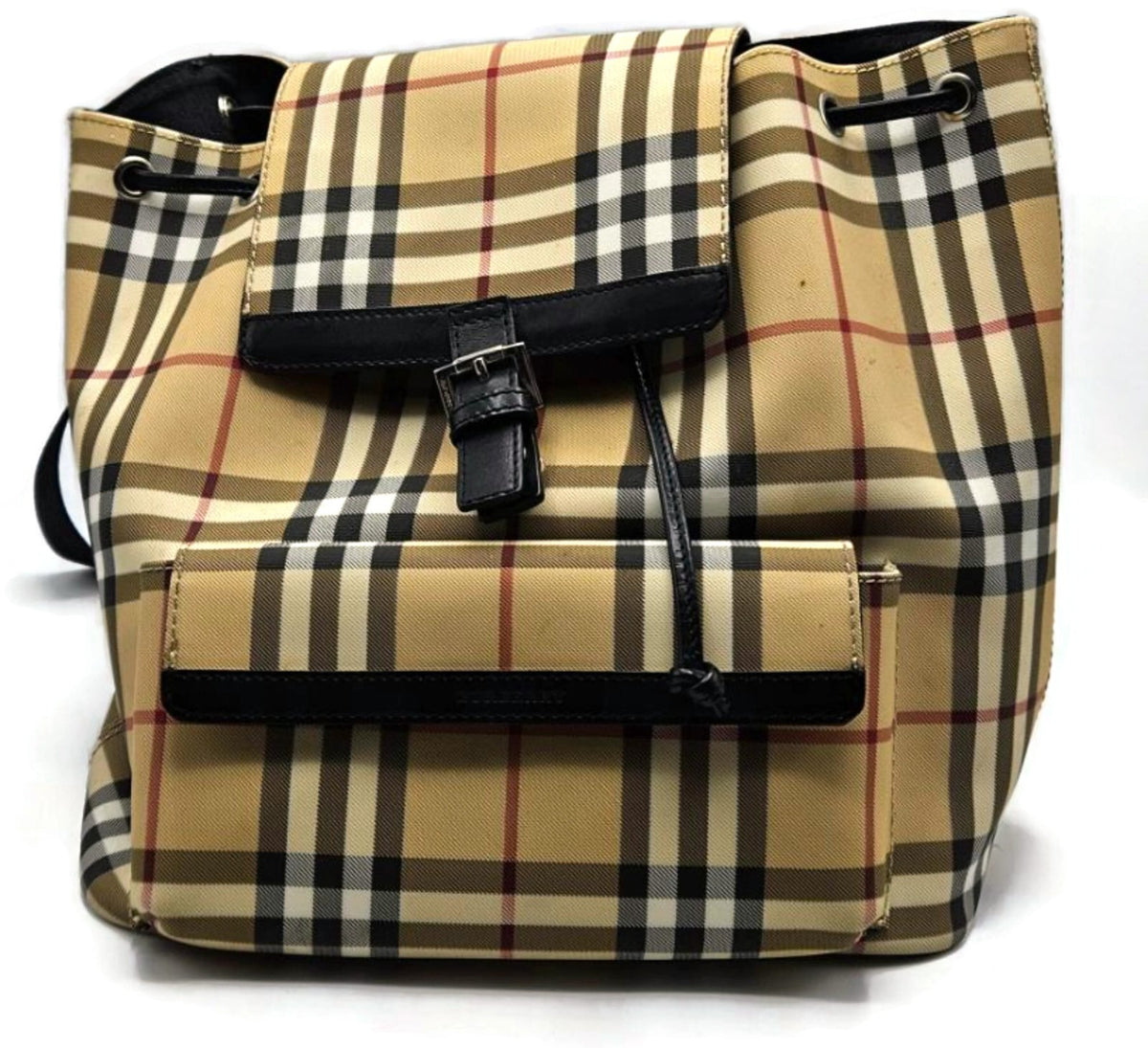 Burberry Check Drawstring Backpack Beige Black Trim Front Pocket Rucksack0