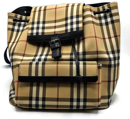 Burberry Check Drawstring Backpack Beige Black Trim Front Pocket Rucksack0