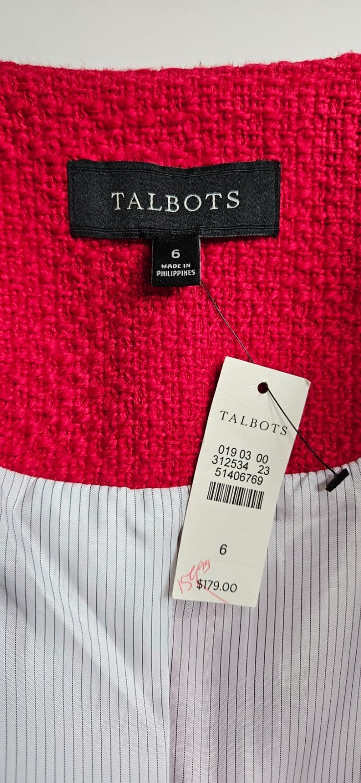 Talbots Women's Red Cotton Tweed Jacket Black Trim Patch Pockets Size 6 NWT9