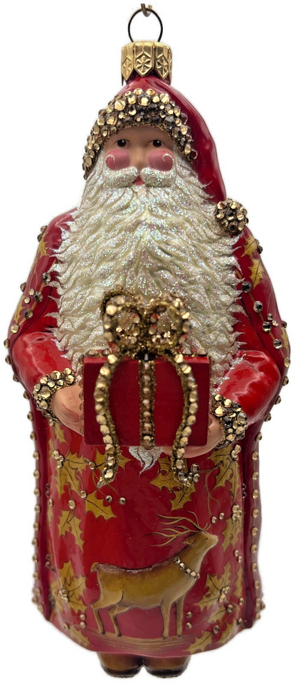 Patricia Breen 2014 Santa for Yaly Red Gold Holly Reindeer Ornament 34400