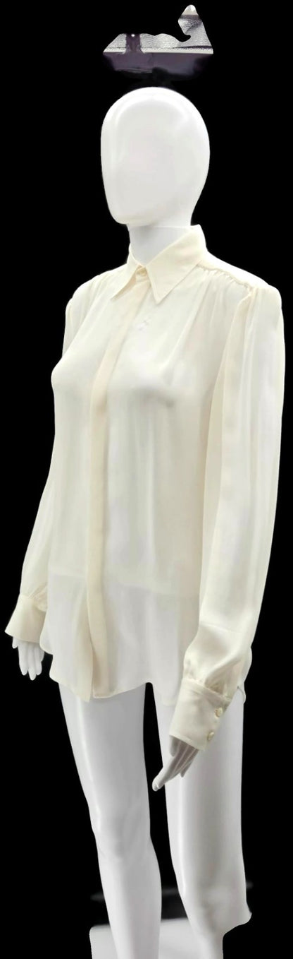 Polo Ralph Lauren Cream 100% Silk Hidden Button Collared Blouse Size 83