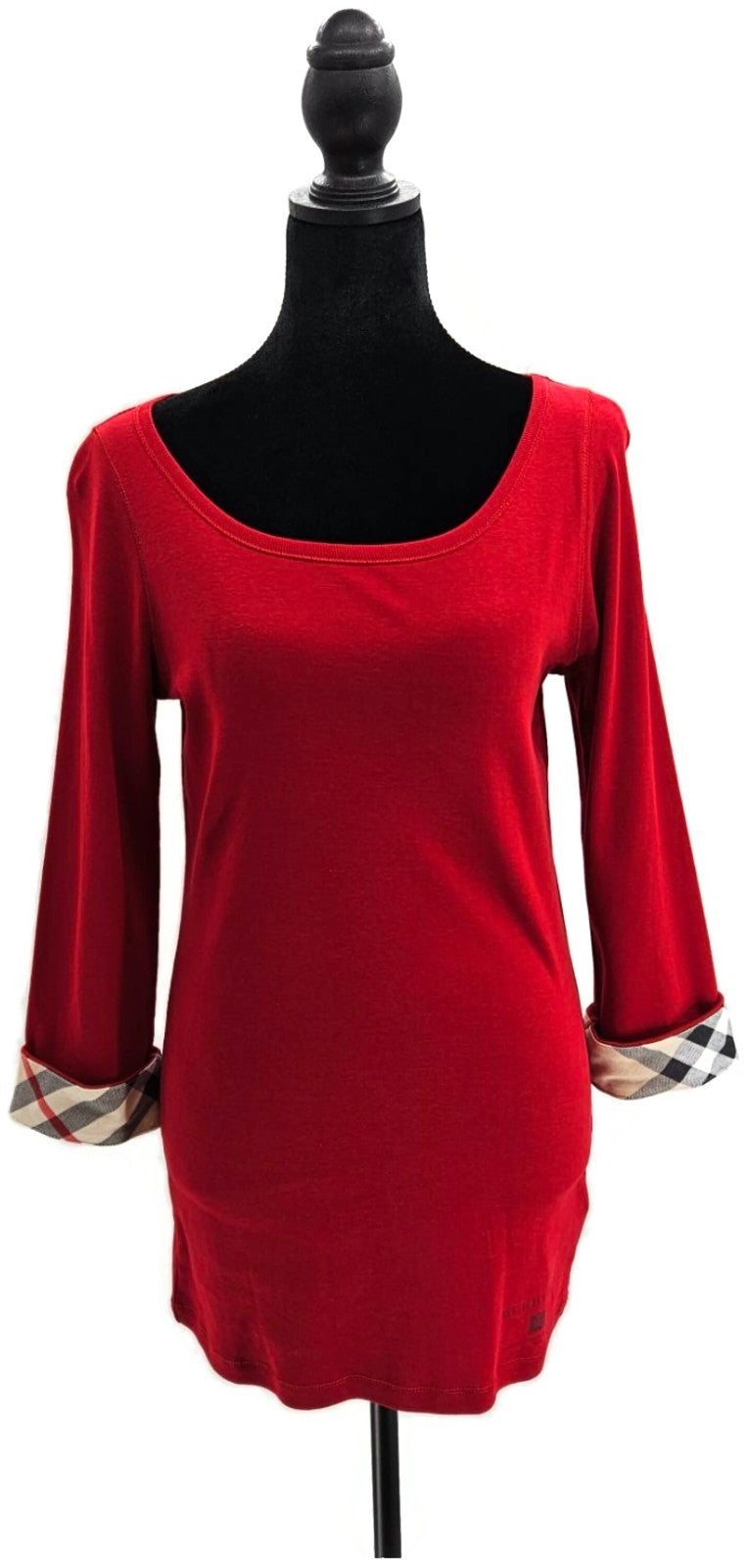Burberry Brit Red Top Nova Check Cuff Scoop Neck 3/4 Sleeves Womens Sz Large NWT0