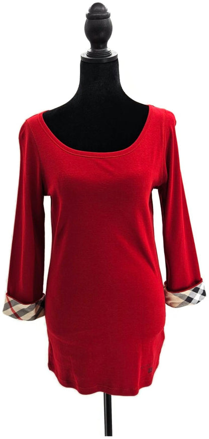 Burberry Brit Red Top Nova Check Cuff Scoop Neck 3/4 Sleeves Womens Sz Large NWT0