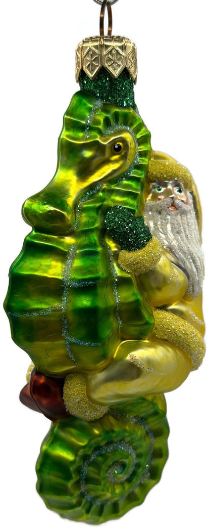 Patricia Breen Hi Ho Santa Yellow Green Seahorse Glass Christmas Ornament 99143