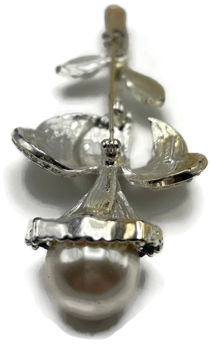 Vintage Rose Brooch Faux Pearl Black Clear Rhinestone Two Tone Flower Pin2