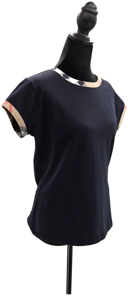 Burberry London Black Check Trim Short Sleeve Stretch Cotton Top Women's Large6