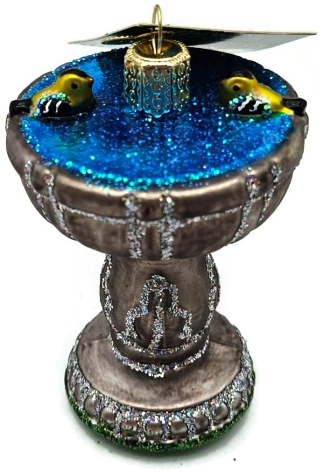 Old World Christmas Birdbath Goldfinch Glass Glitter Ornament 16131 OWC0