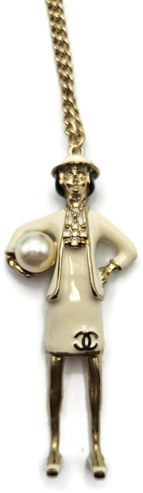 Chanel CC Logo B12A Coco Mademoiselle Figurine Charm Pendant Necklace Gold Pearl0