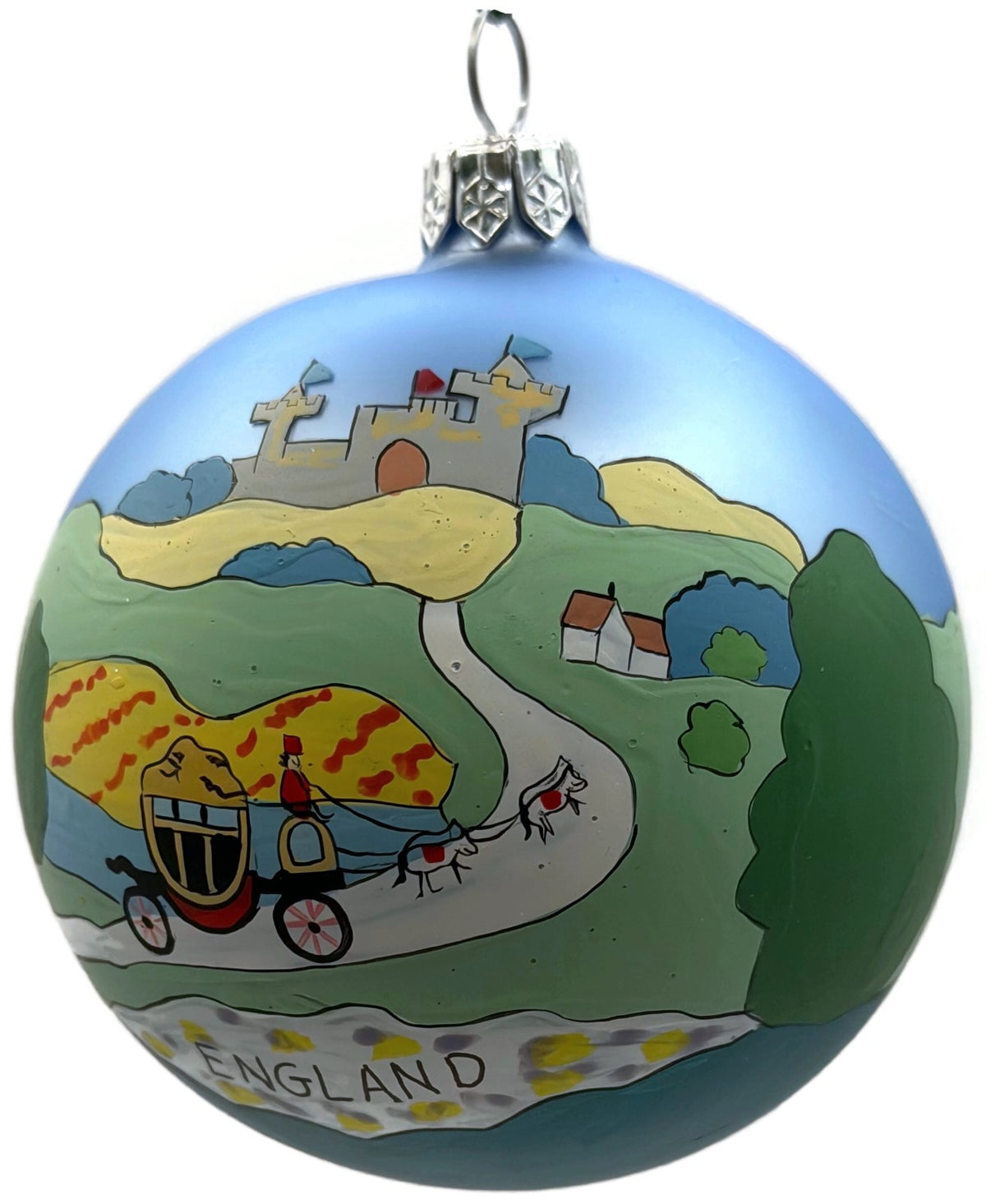 England Castle Horse Carriage Blue Hand Painted Glass Christmas Ornament6