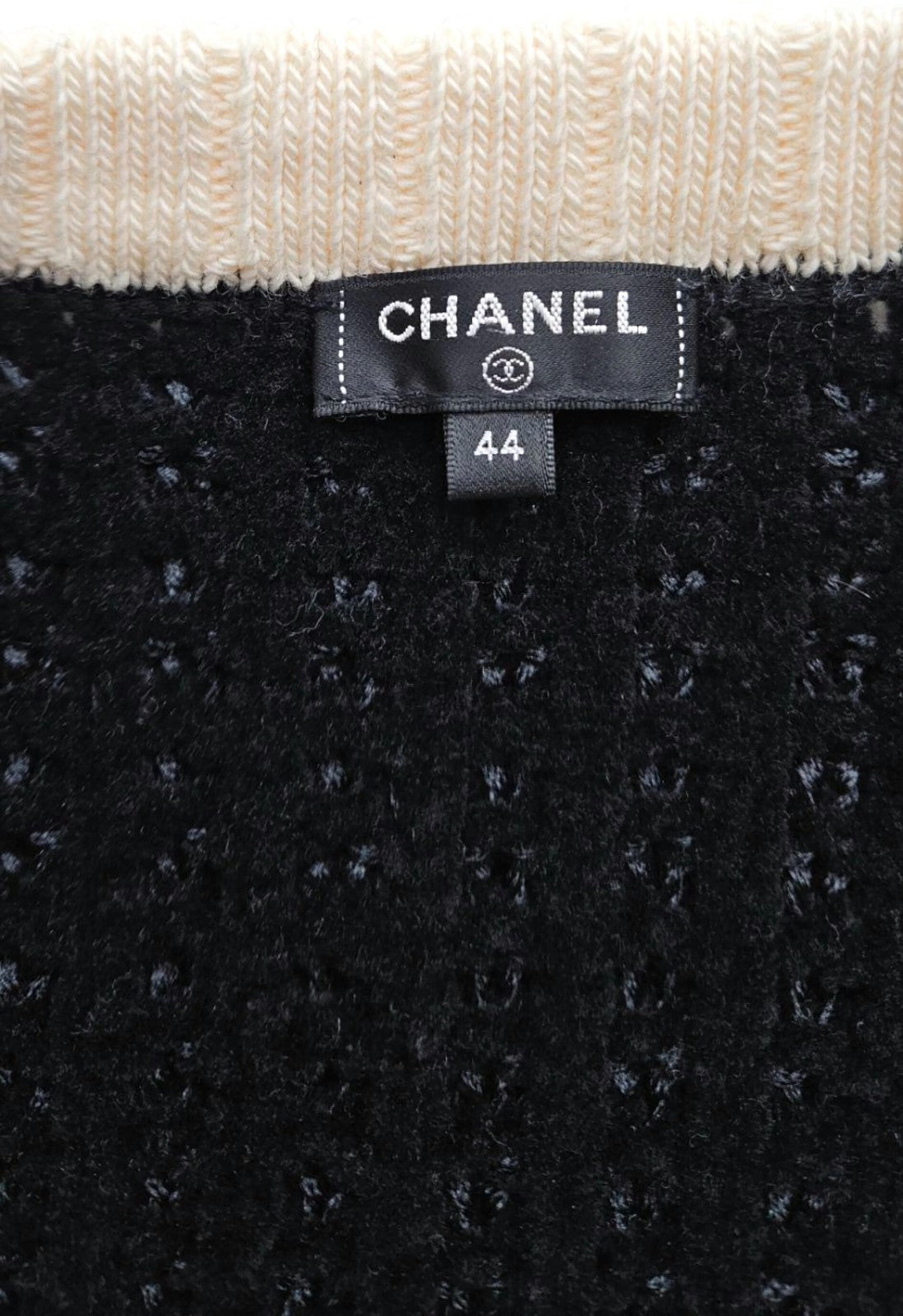 CHANEL Black White Wool Blend CC Button Cardigan Size 449
