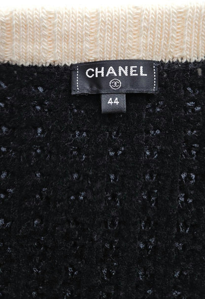 CHANEL Black White Wool Blend CC Button Cardigan Size 449