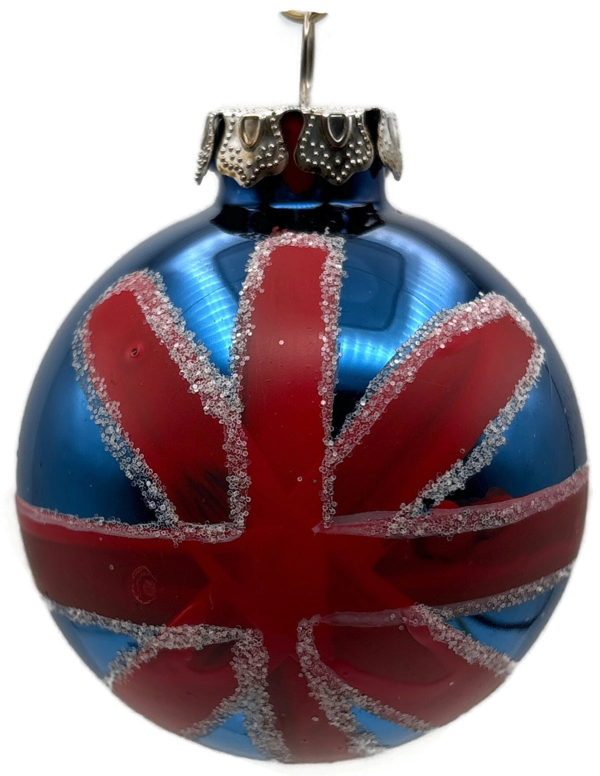Union Jack British Flag Blue Red Glitter Glass Ball Christmas Tree Ornament UK0