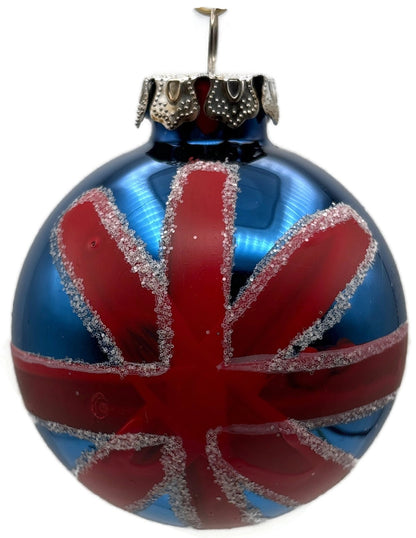 Union Jack British Flag Blue Red Glitter Glass Ball Christmas Tree Ornament UK0