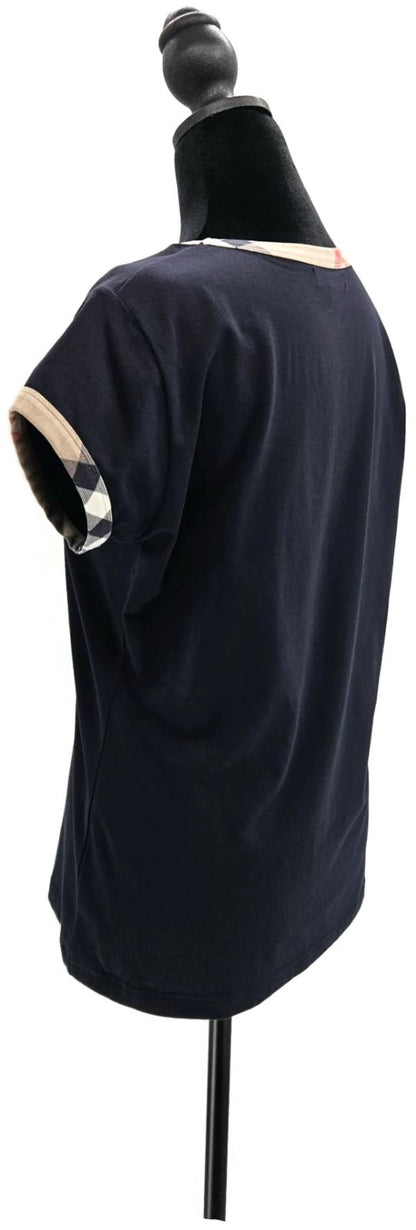 Burberry London Black Check Trim Short Sleeve Stretch Cotton Top Women's Large2