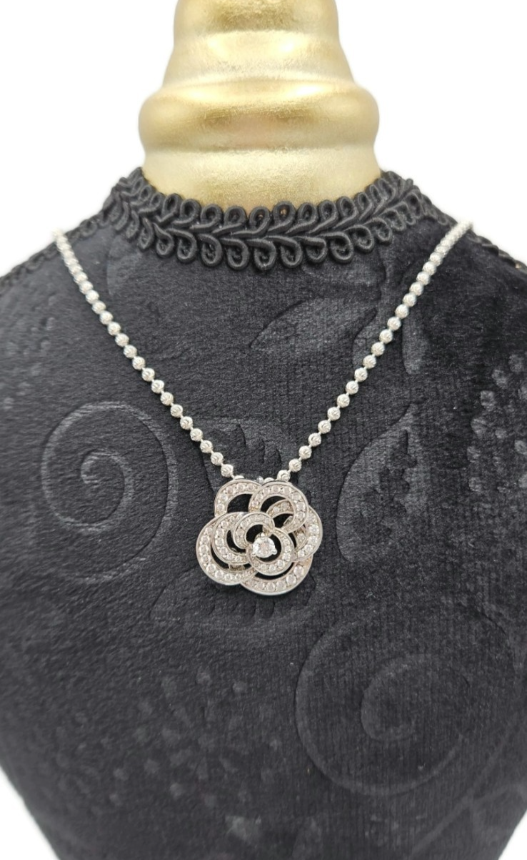 Chanel Fil de Camelia Diamond 14K Pendant and 18K White Gold Necklace Chain0